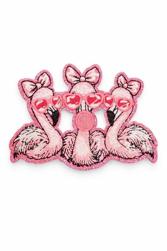 Pink Flamingo Trio Patch | Glitter Embroidered Applique | Iron On for Jackets, Bags