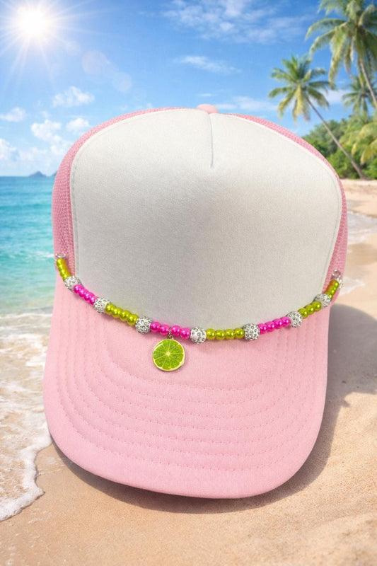 Pink Lime Beaded Hat Chain | Summer Citrus Accessory with Rhinestones