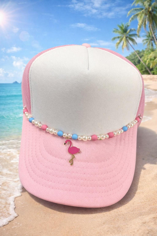 Handmade Flamingo Hat Chain | Beaded Pearl Summer Accessory
