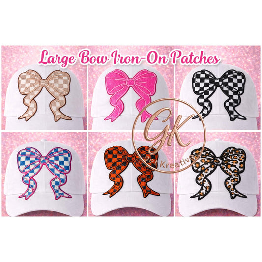 Large Embroidered Bow Iron-On Patch | 5 Inch Applique | Glitter, Checkered, Leopard, Camo Styles