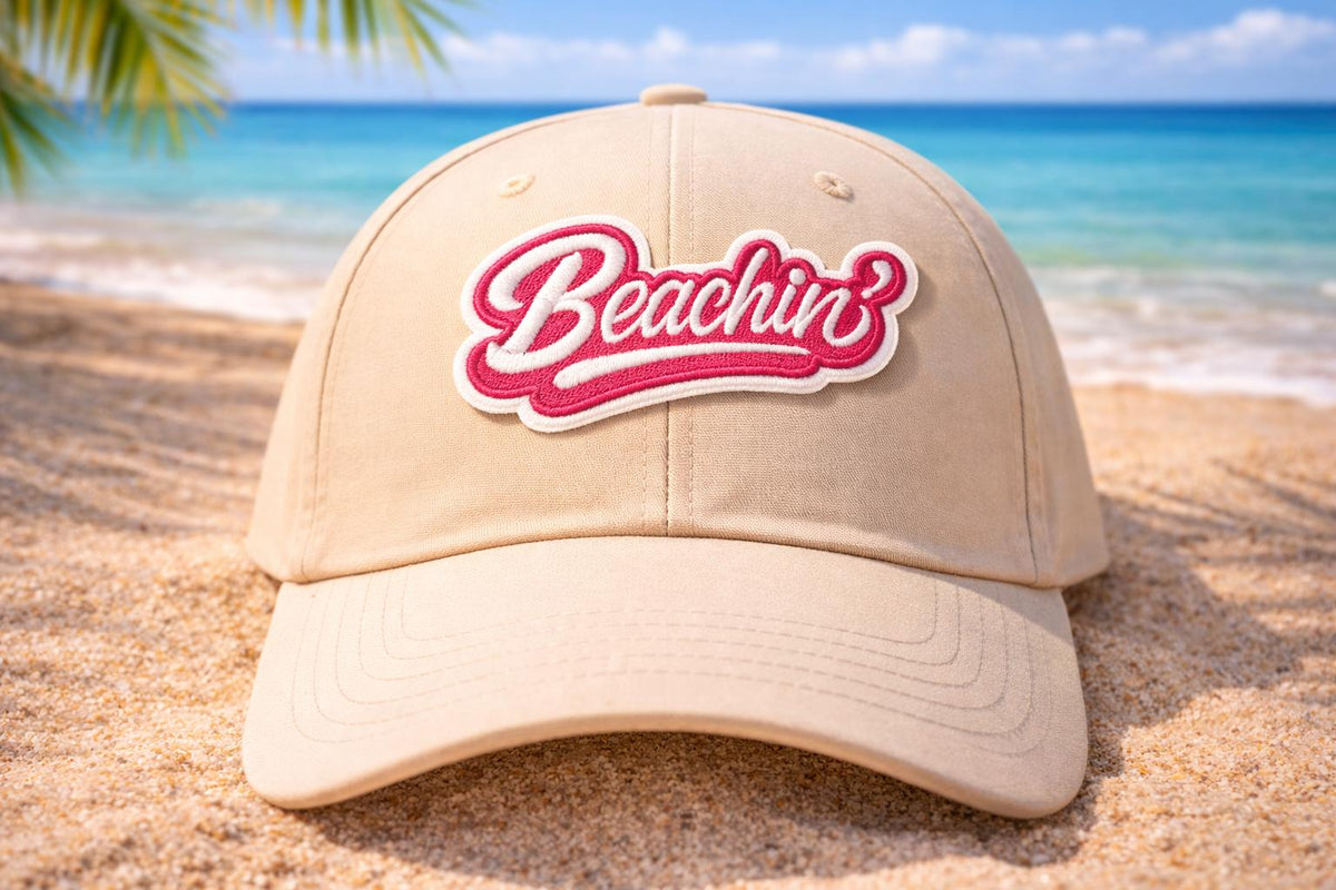 Beachin Embroidered Patch, Pink Teal Coastal Summer Iron On (3in)