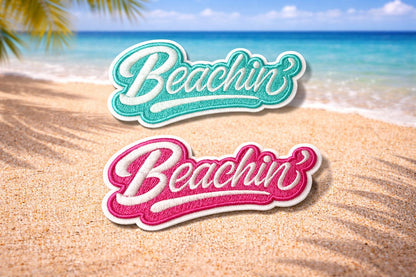 Beachin Embroidered Patch, Pink Teal Coastal Summer Iron On (3in)