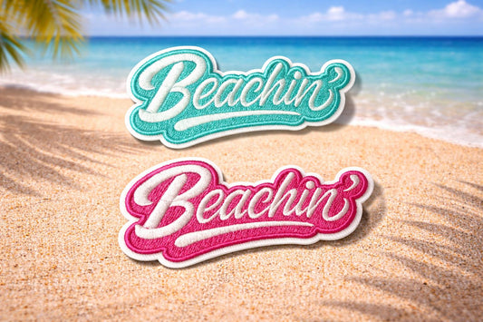 Beachin Embroidered Patch, Pink Teal Coastal Summer Iron On (3in)