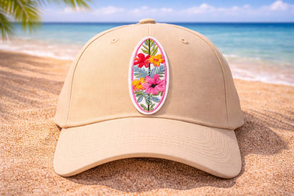 Floral Surfboard Patch, Tropical Embroidered Iron On, Beach Coastal Style