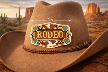 Embroidered Rodeo Patch: Cowhide Turquoise Western Hat Accent (3 inches)