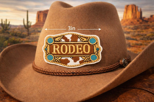 Embroidered Rodeo Patch: Cowhide Turquoise Western Hat Accent (3 inches)