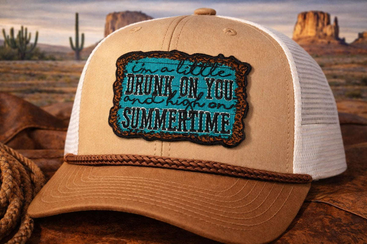 Drunk on You Embroidered Patch: Teal Western Summertime Country Music Iron-On Bag Accessory