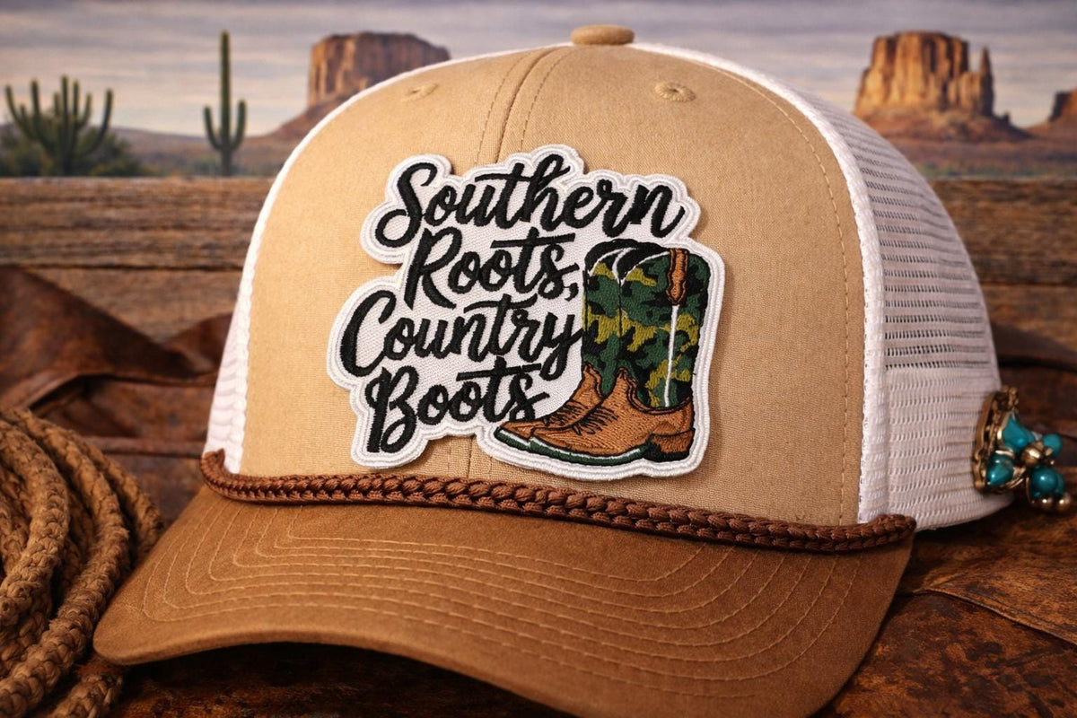 Southern Roots Country Boots Patch: Western Embroidered Iron-On Cowgirl Hat Accessory