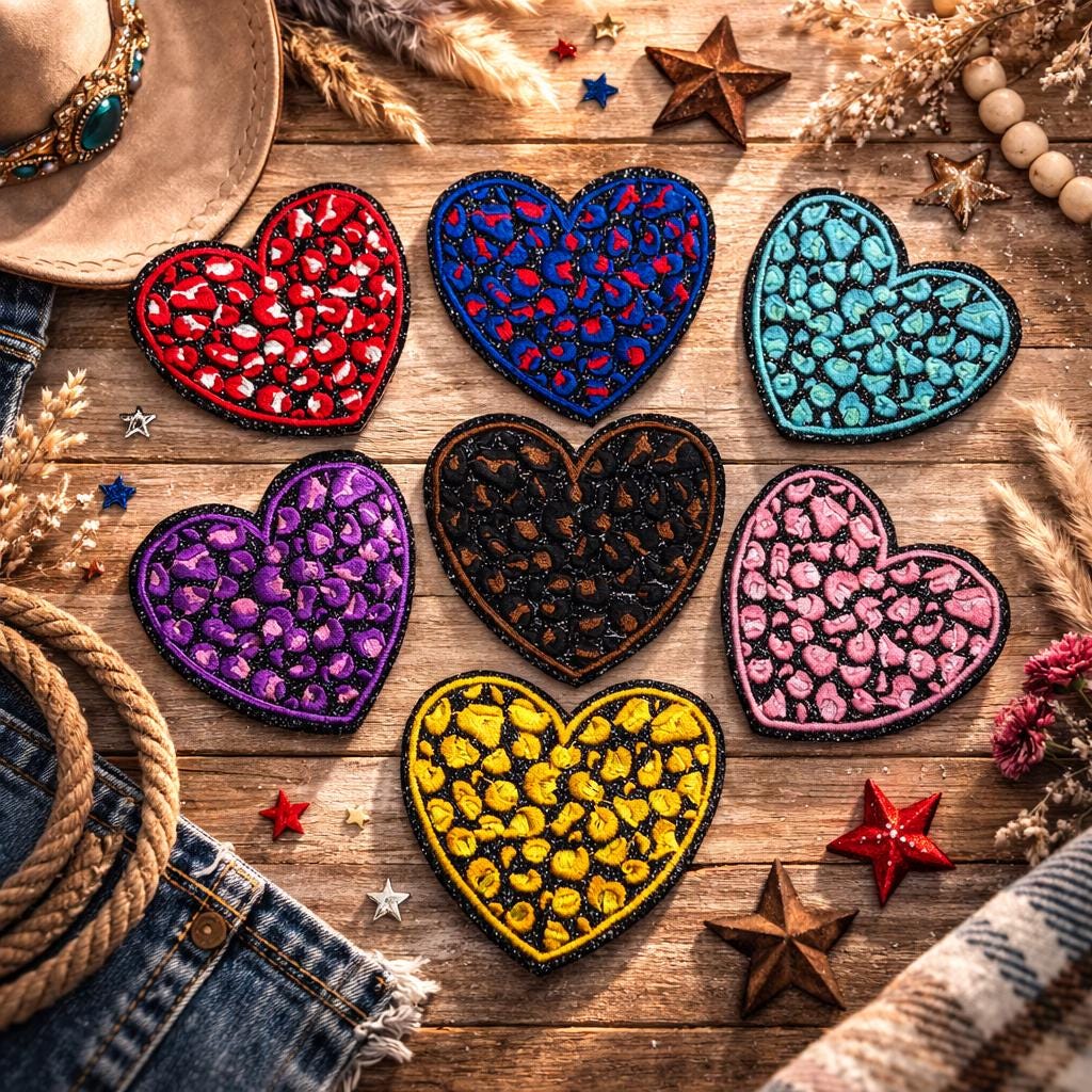 Leopard Heart Patch, Embroidered Western Cowgirl Iron-On Applique