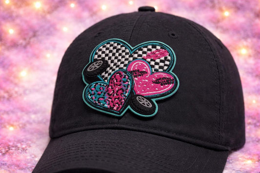 Embroidered Checkered Heart Patch, Racing Western Style, Pink Teal Leopard Design