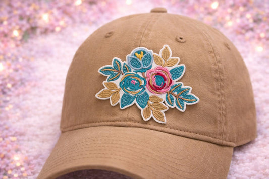 Embroidered Floral Patch, Teal Pink Boho Western Hat Accessory
