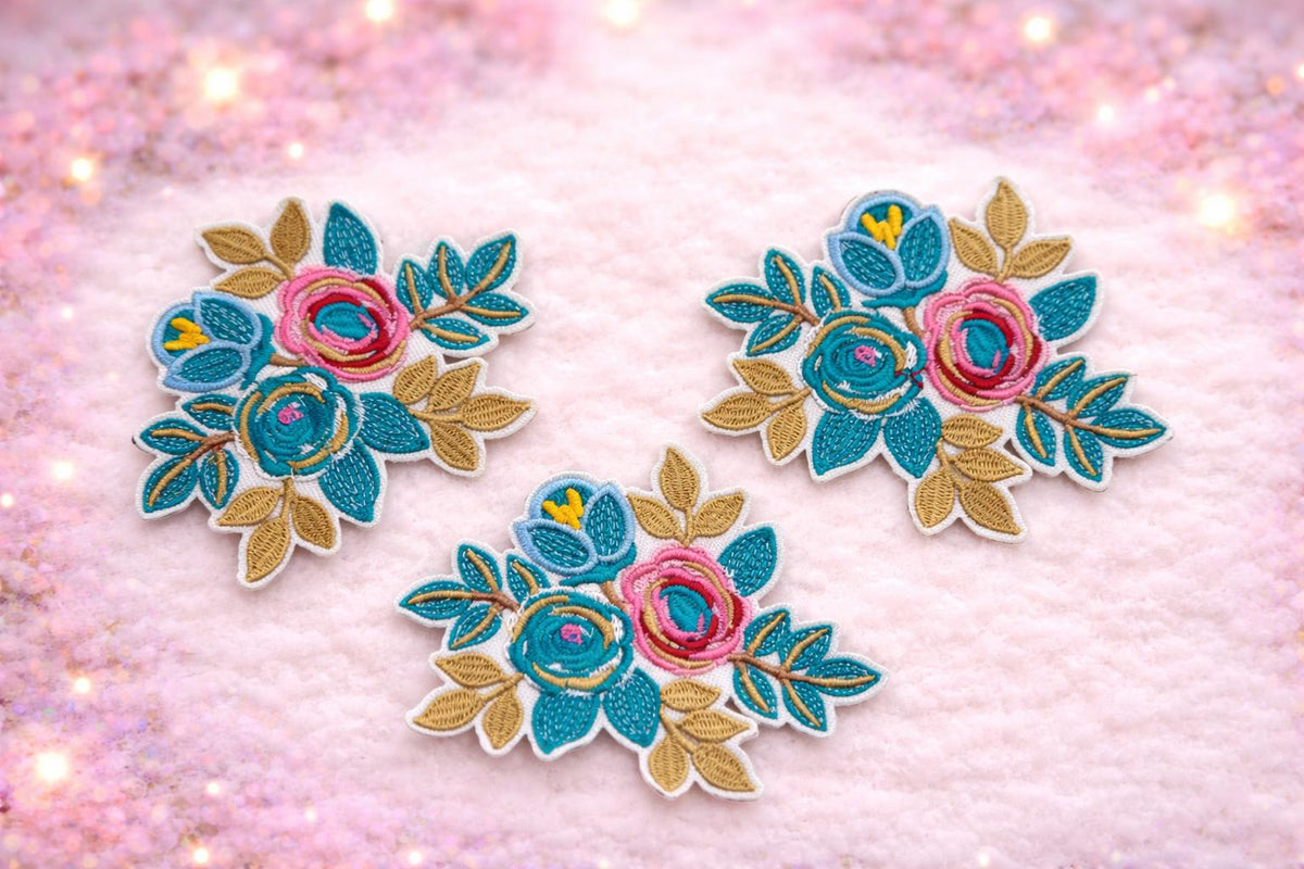 Embroidered Floral Patch, Teal Pink Boho Western Hat Accessory