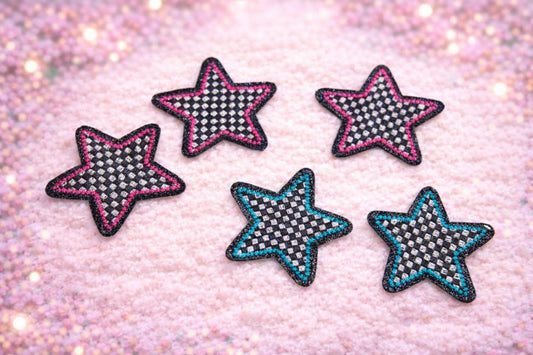 Checkered Star Patch, Teal Outline, Embroidered Hat Patch, Racing Style