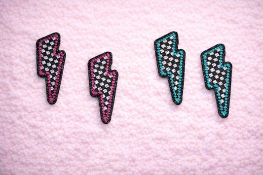 Checkered Lightning Bolt Patch, Embroidered Hat Patch, Pink or Teal Outline