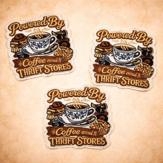 Embroidered Coffee Thrift Stores Patch, Vintage Iron On Applique, Retro Thrifting Gift