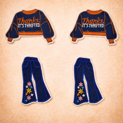 Retro Embroidered Sweater and Floral Jeans Patches, Iron-On Appliques