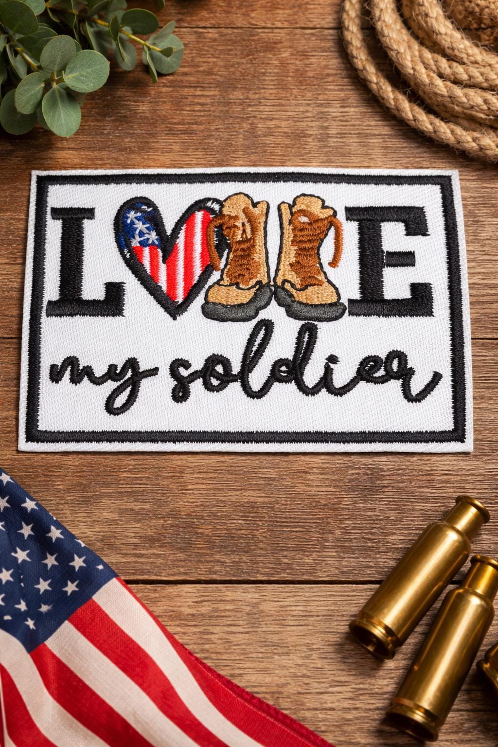 Love My Soldier Embroidered Patch, Patriotic American Flag Heart Boots (3 Inch)