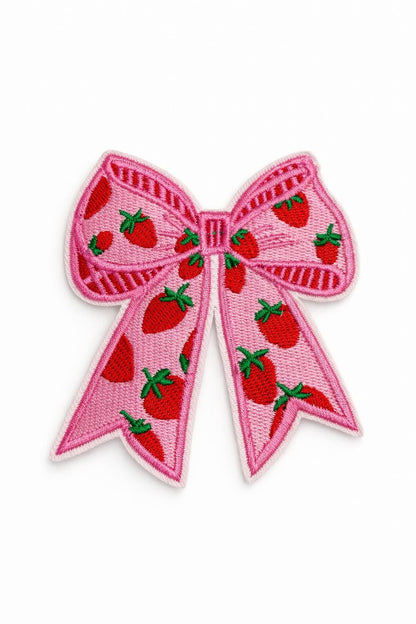 Embroidered Strawberry Bow Patch, Pink Fruit Coquette Style, Iron On Accessory