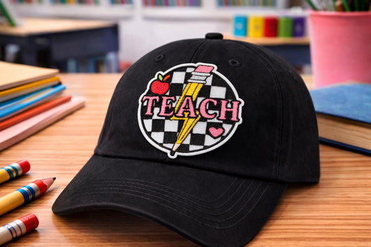 Embroidered Teach Patch, Checkered Pencil Lightning Bolt Hat Patch