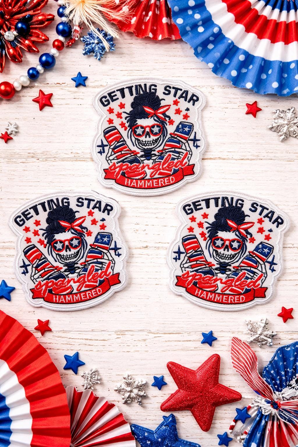Embroidered Skull Patch, Red White Blue Iron On Applique (3 Inch)