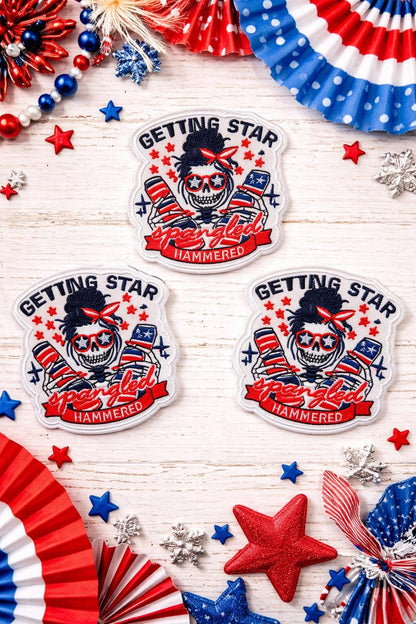 Embroidered Skull Patch, Red White Blue Iron On Applique (3 Inch)
