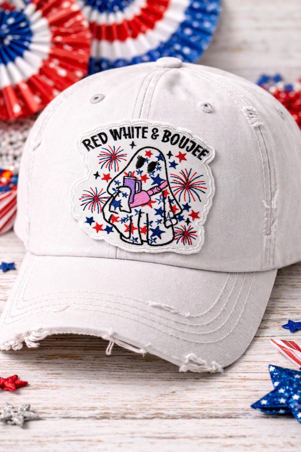 Red White Boujee Ghost Patch, Fourth of July Patriotic Iron-On Embroidered (3 Inch)