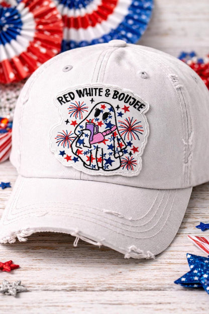 Red White Boujee Ghost Patch, Fourth of July Patriotic Iron-On Embroidered (3 Inch)