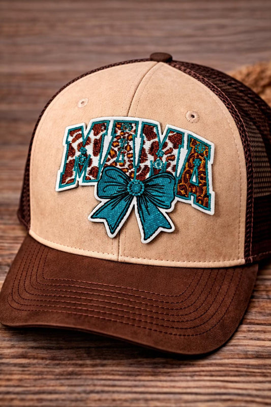 Mama Patch, Western Cow Print, Turquoise Bow, Embroidered Iron-On Applique
