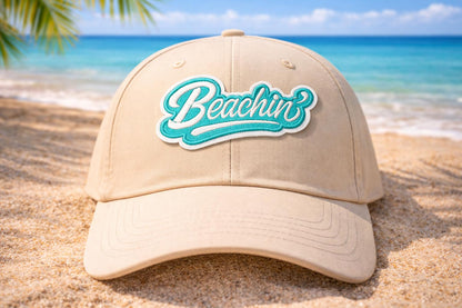 Beachin Embroidered Patch, Pink Teal Coastal Summer Iron On (3in)