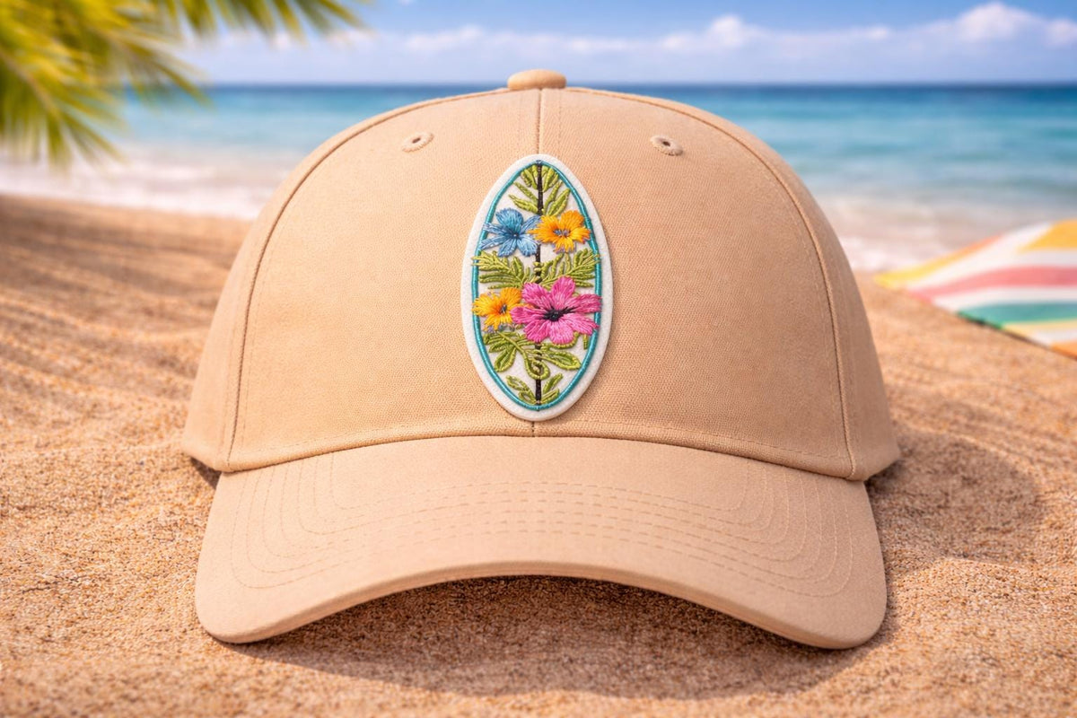 Floral Surfboard Patch, Tropical Embroidered Iron On, Beach Coastal Style