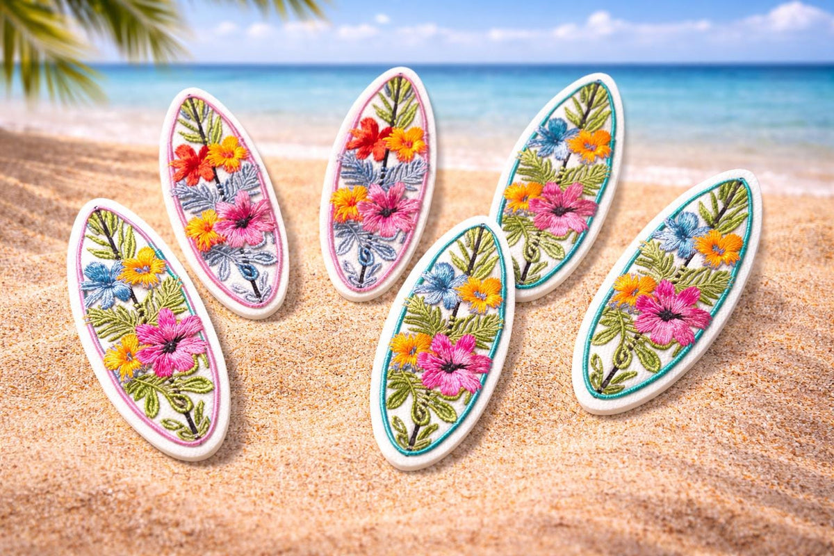 Floral Surfboard Patch, Tropical Embroidered Iron On, Beach Coastal Style