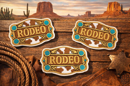 Embroidered Rodeo Patch: Cowhide Turquoise Western Hat Accent (3 inches)