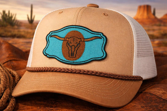 Embroidered Longhorn Skull Patch: Turquoise Western Cowgirl Hat Applique