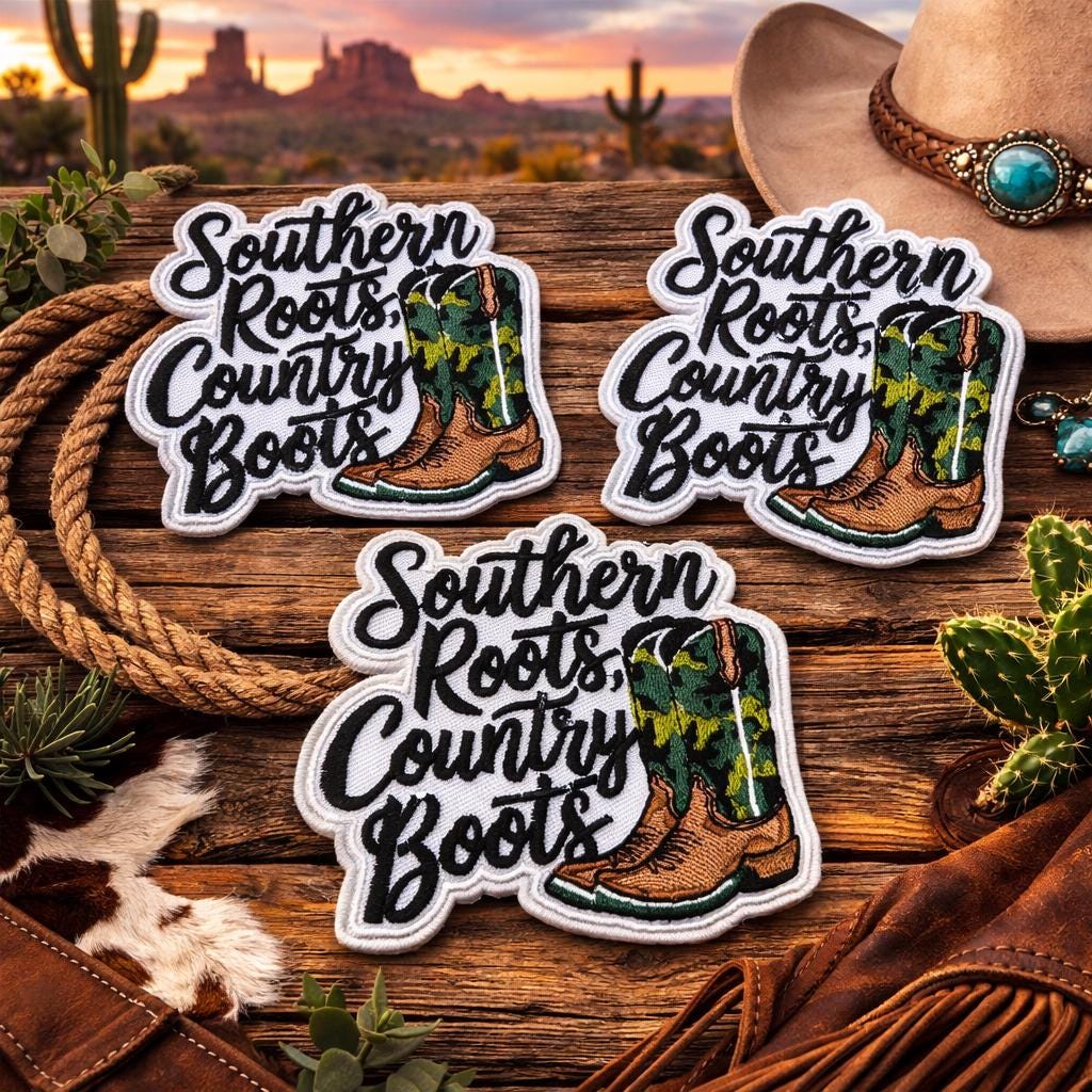 Southern Roots Country Boots Patch: Western Embroidered Iron-On Cowgirl Hat Accessory