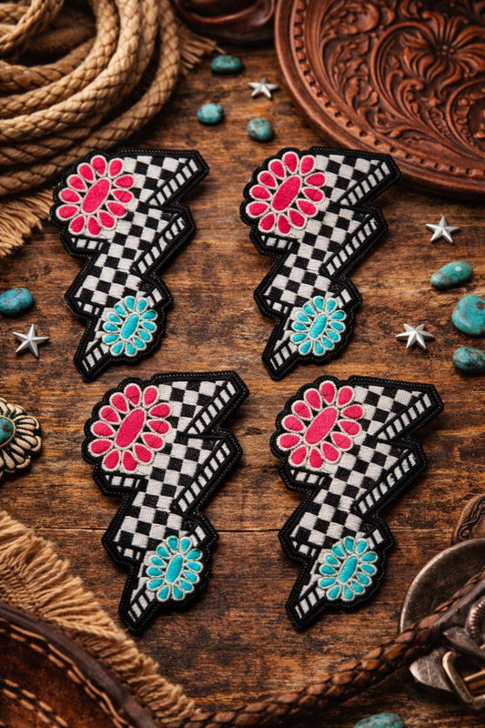 Embroidered Lightning Bolt Patch, Checkered Boho Western Style, Iron-On Application