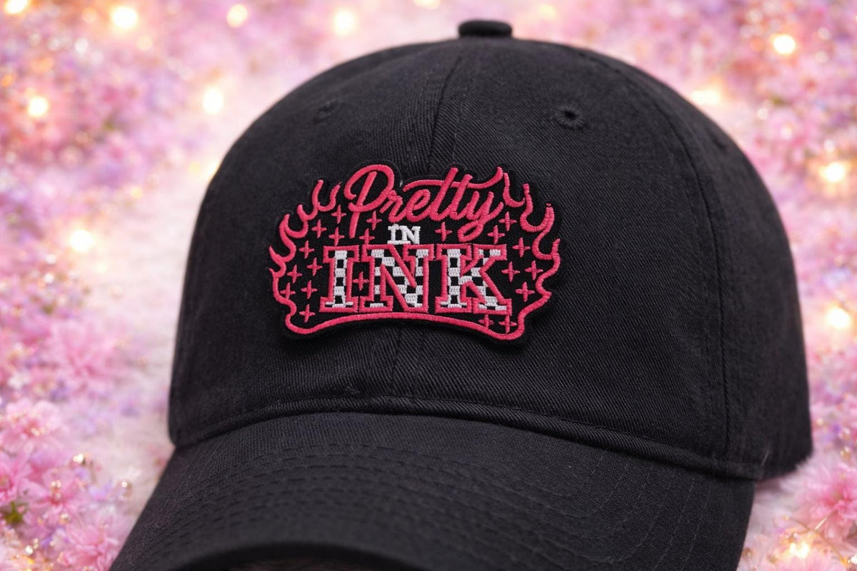Embroidered Patch, Pink Flame, Tattoo Style, Hot Pink Glitter Background, Approx 3.5"