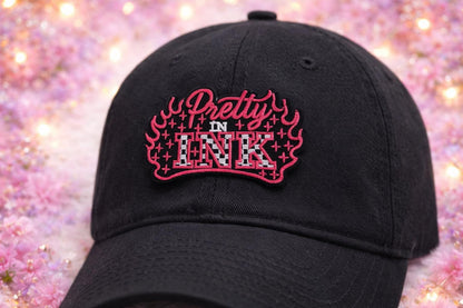 Embroidered Patch, Pink Flame, Tattoo Style, Hot Pink Glitter Background, Approx 3.5"