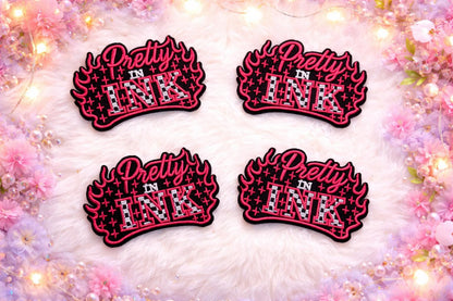 Embroidered Patch, Pink Flame, Tattoo Style, Hot Pink Glitter Background, Approx 3.5"