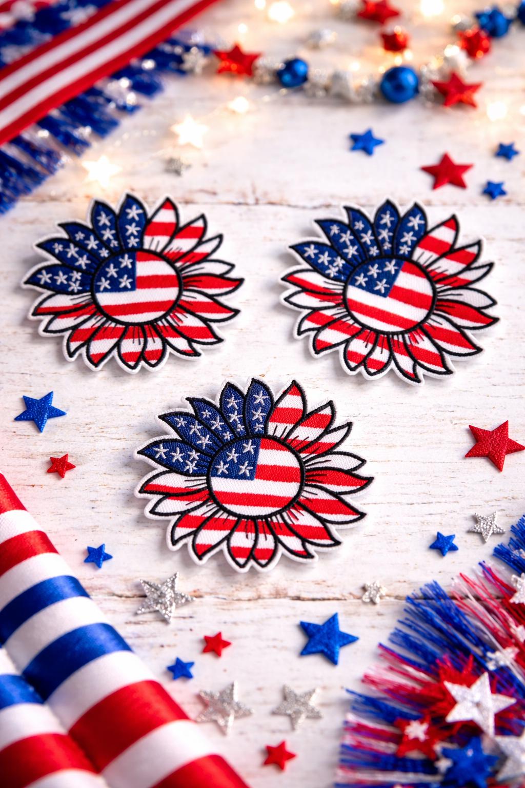 Patriotic Sunflower Patch, USA Flag Embroidered Iron-On Summer Patch