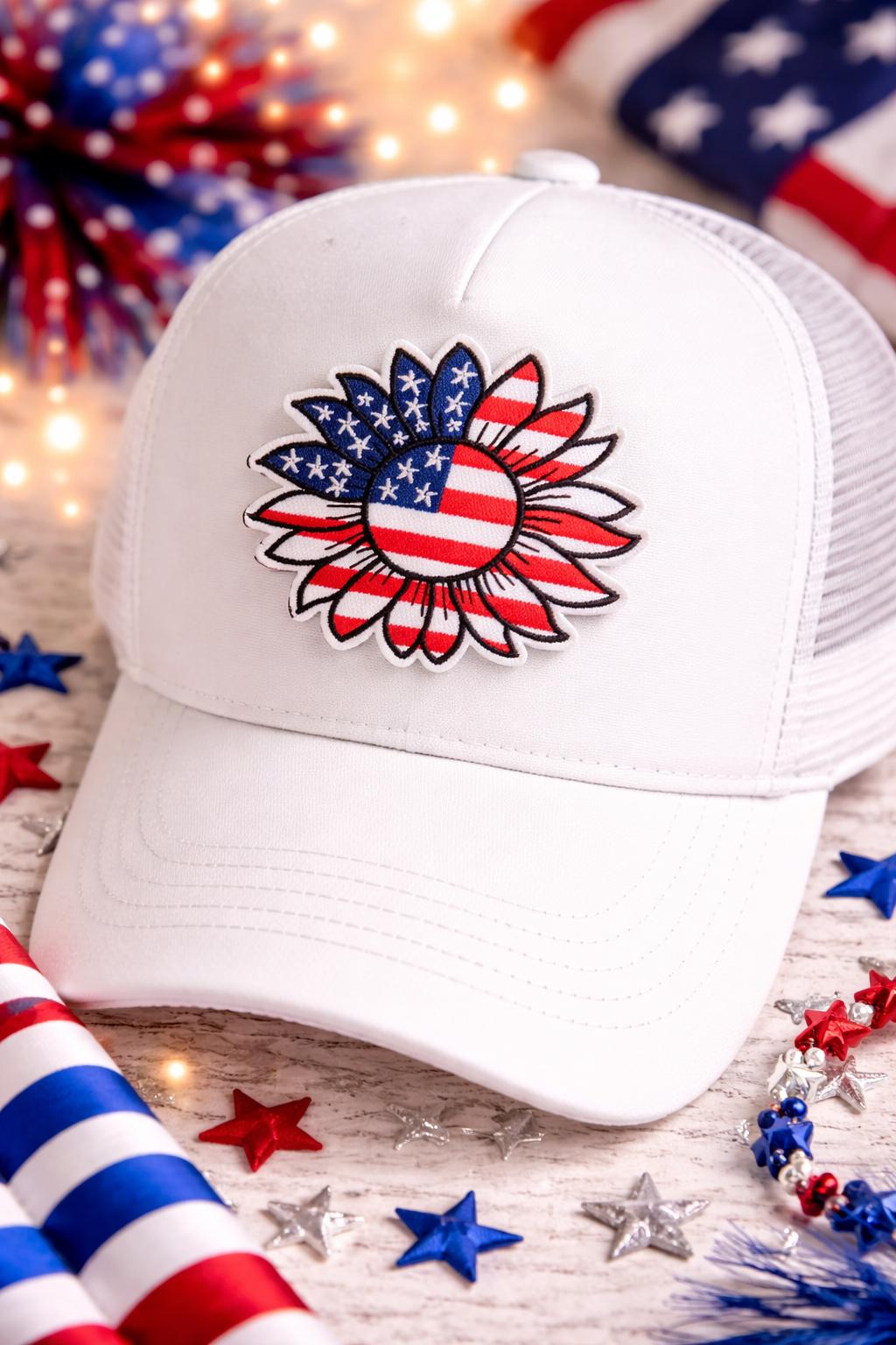 Patriotic Sunflower Patch, USA Flag Embroidered Iron-On Summer Patch