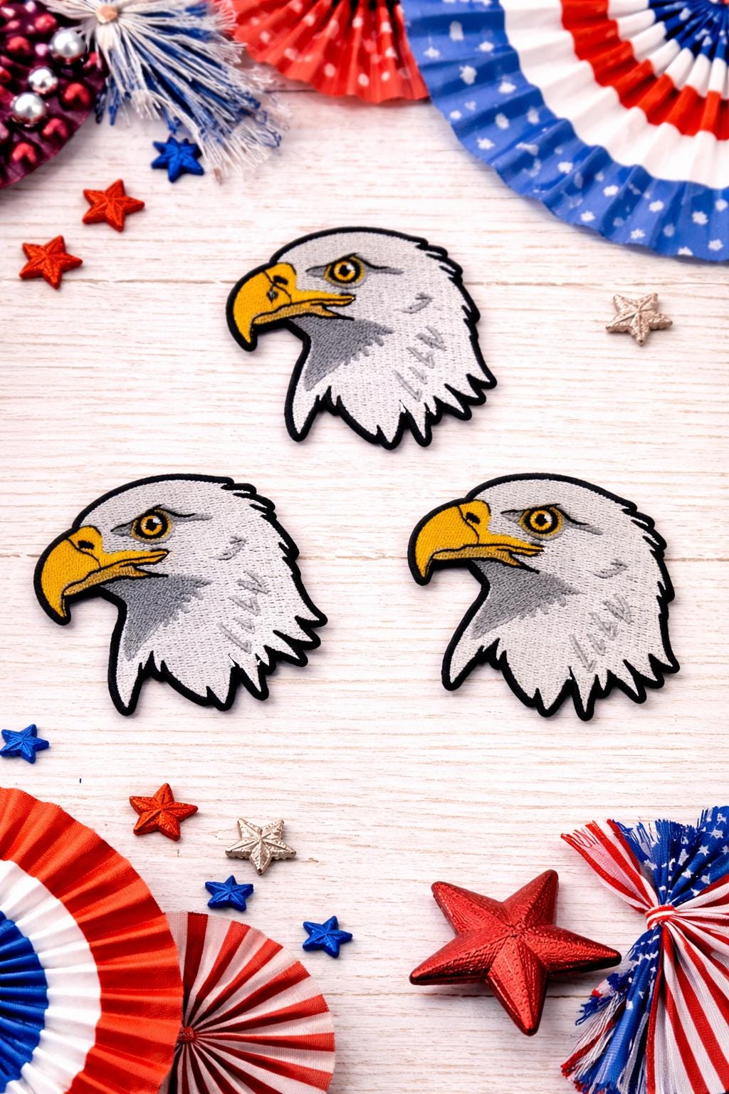 Embroidered Bald Eagle Patch, Patriotic USA Iron-On Hat Applique (3 Inch)