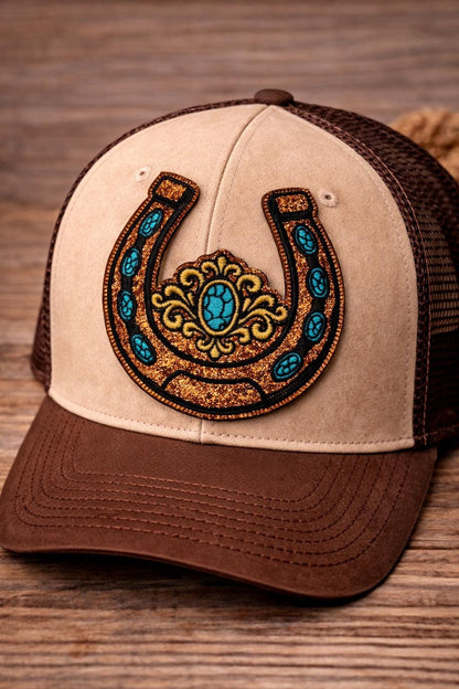 Embroidered Horseshoe Patch, Turquoise Cowgirl Boho Trucker Hat Applique