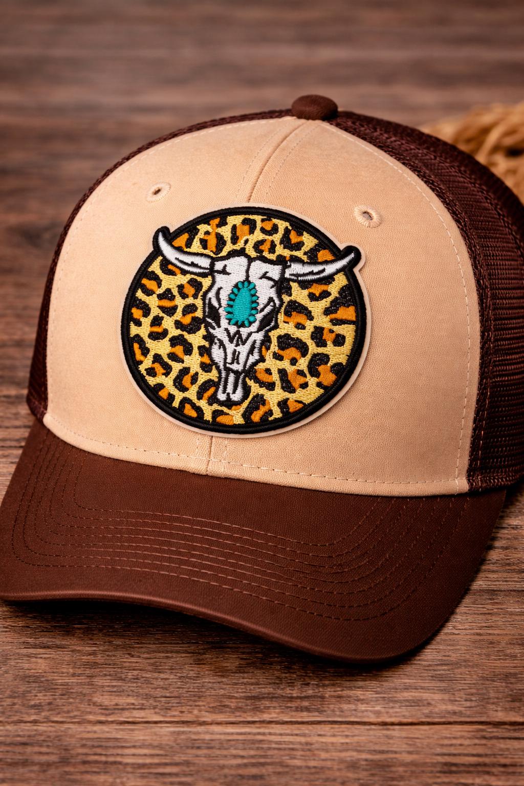 Leopard Longhorn Skull Patch, Turquoise Cowgirl Iron-On, Western Trucker Hat Applique