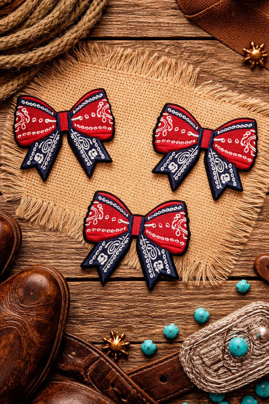 Red White Blue Bandana Bow Patch, Patriotic Western Iron-On (3 Inch)