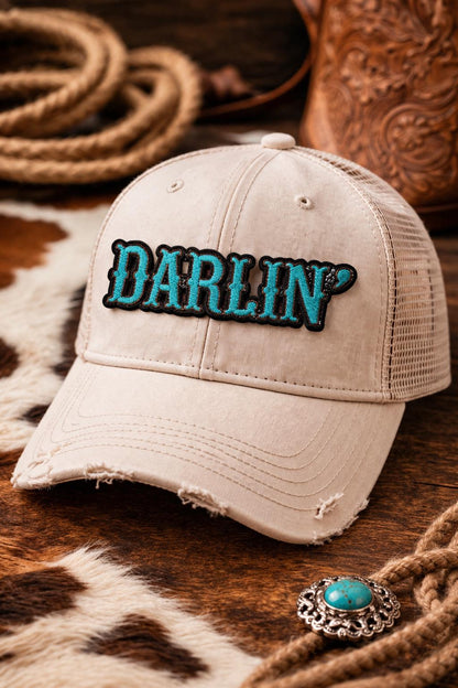 Darlin' Western Patch, Turquoise Embroidered Iron-On Hat Applique