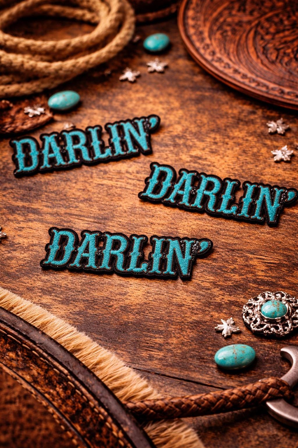 Darlin' Western Patch, Turquoise Embroidered Iron-On Hat Applique