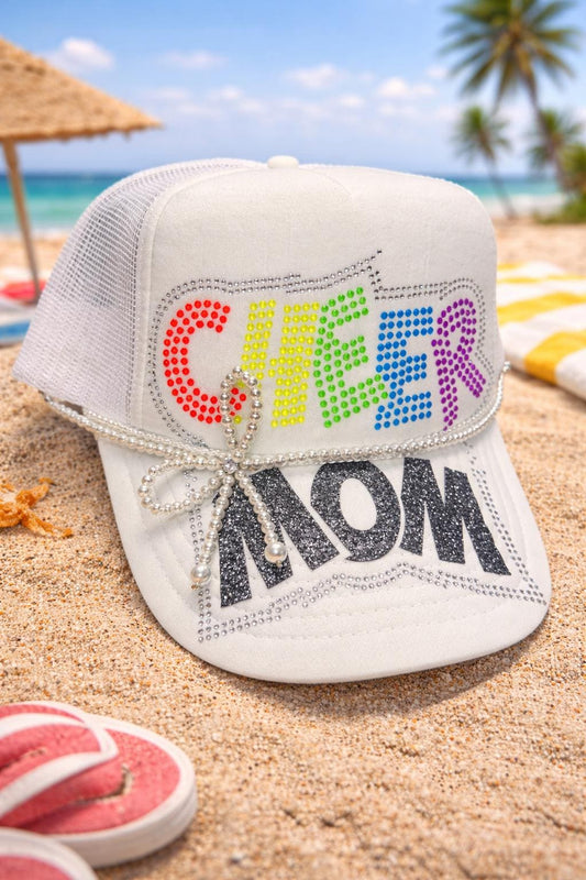Cheer Mom Trucker Hat | Rhinestone Chain Detail, Rainbow Colors
