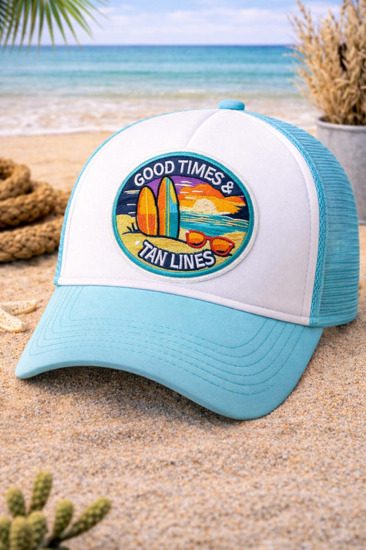Embroidered Beach Patch, Good Times Tan Lines, Summer Vacation, Iron-On Coastal Hat Badge
