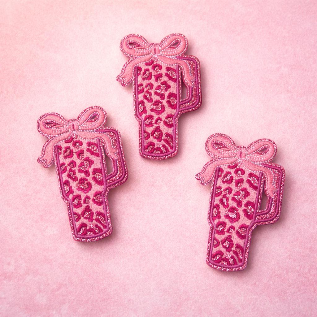 Leopard Glitter Tumbler Patch, Embroidered Iron-On Cup Applique