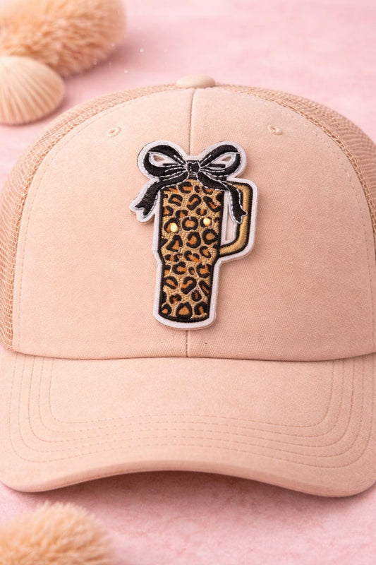 Embroidered Leopard Tumbler Patch with Bow, Western Coffee Cup Hat Patch